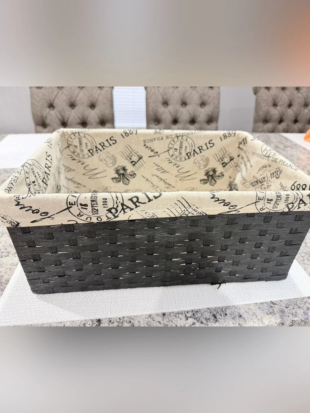 Vintage Paris Print Lined Woven Storage Black Wicker Home Basket Shabby Chic